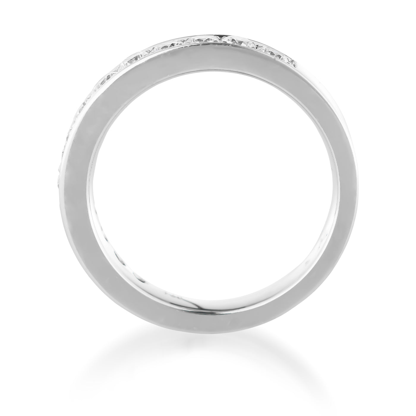 A sleek Raffi&Co.® 14K White Gold Diamond Anniversary Ring is captured on a white background, highlighting its simple, smooth design. The focus is on the shiny, reflective surface of this elegant piece, showcasing its timeless appeal.