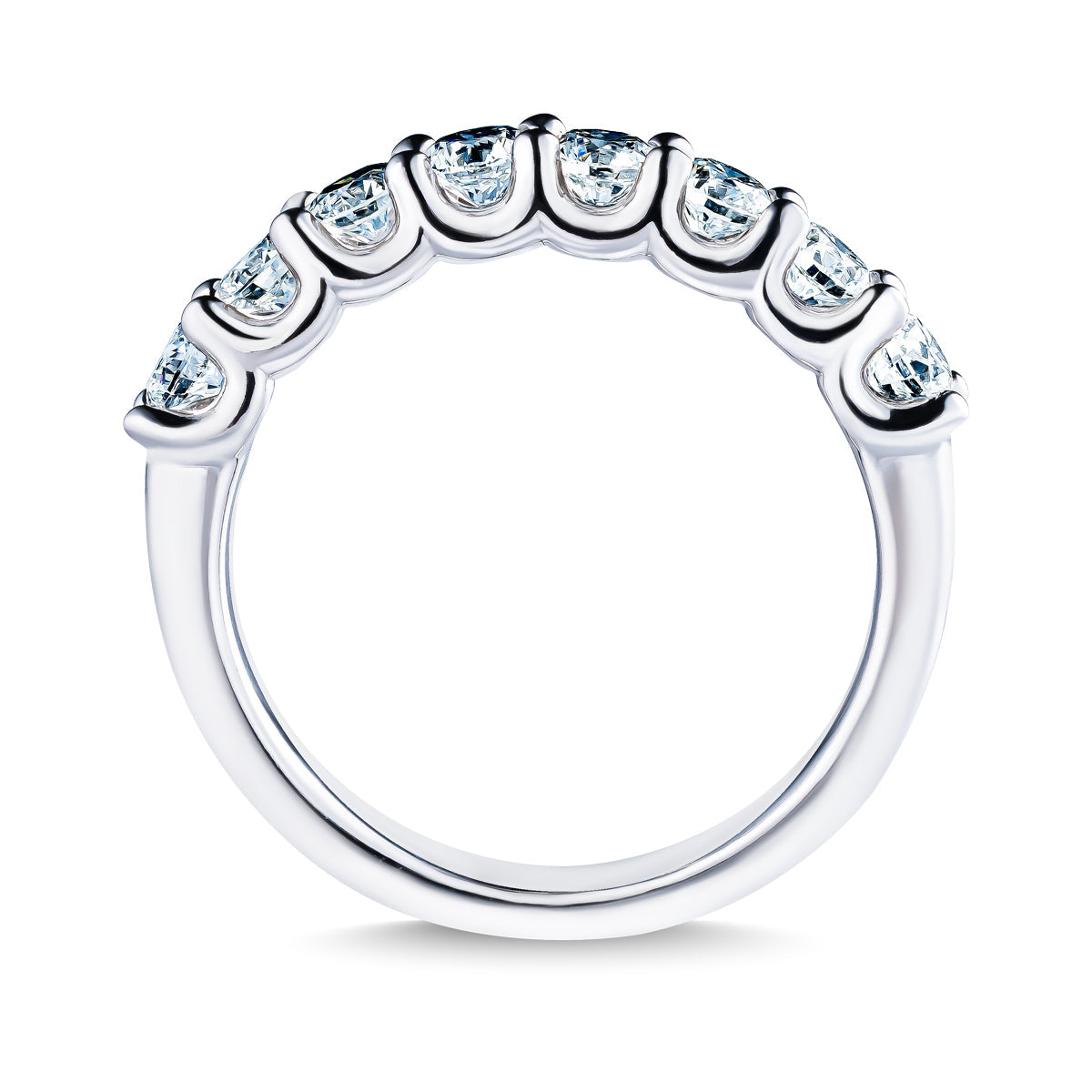 The Raffi&Co.® 14K White Gold Round Brilliant Diamond Anniversary Ring features seven round diamonds in a curved row along the top, shown from the side on a white background.