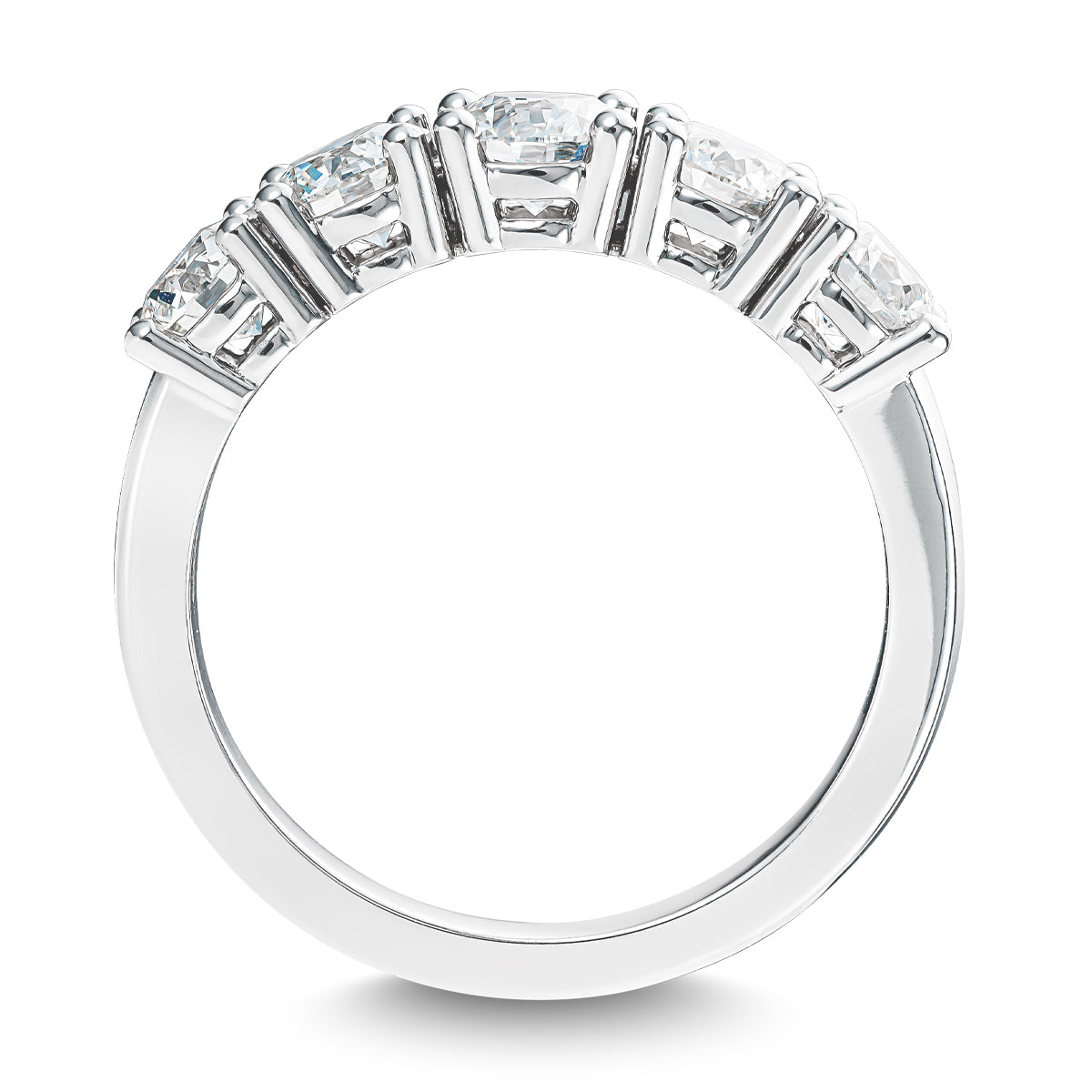 The Raffi&Co.® Signature 14K White Gold Round Brilliant Forevermark Diamond Anniversary Ring features an elegant design with five neatly arranged rectangular, clear gemstones that add sparkle against a plain white background.