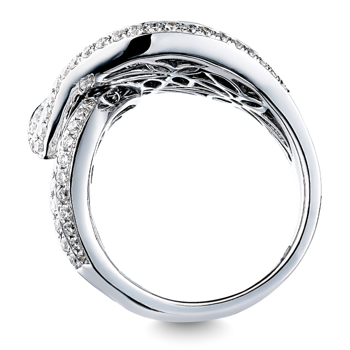 The Raffi&Co.® 18K White Gold Round Brilliant Diamond Fashion Ring features a dolphin design with small diamonds along its body and tail, capturing the fluid motion of a dolphin in waves. Intricately detailed with a polished finish, it is available in various sizes at an attractive price.
