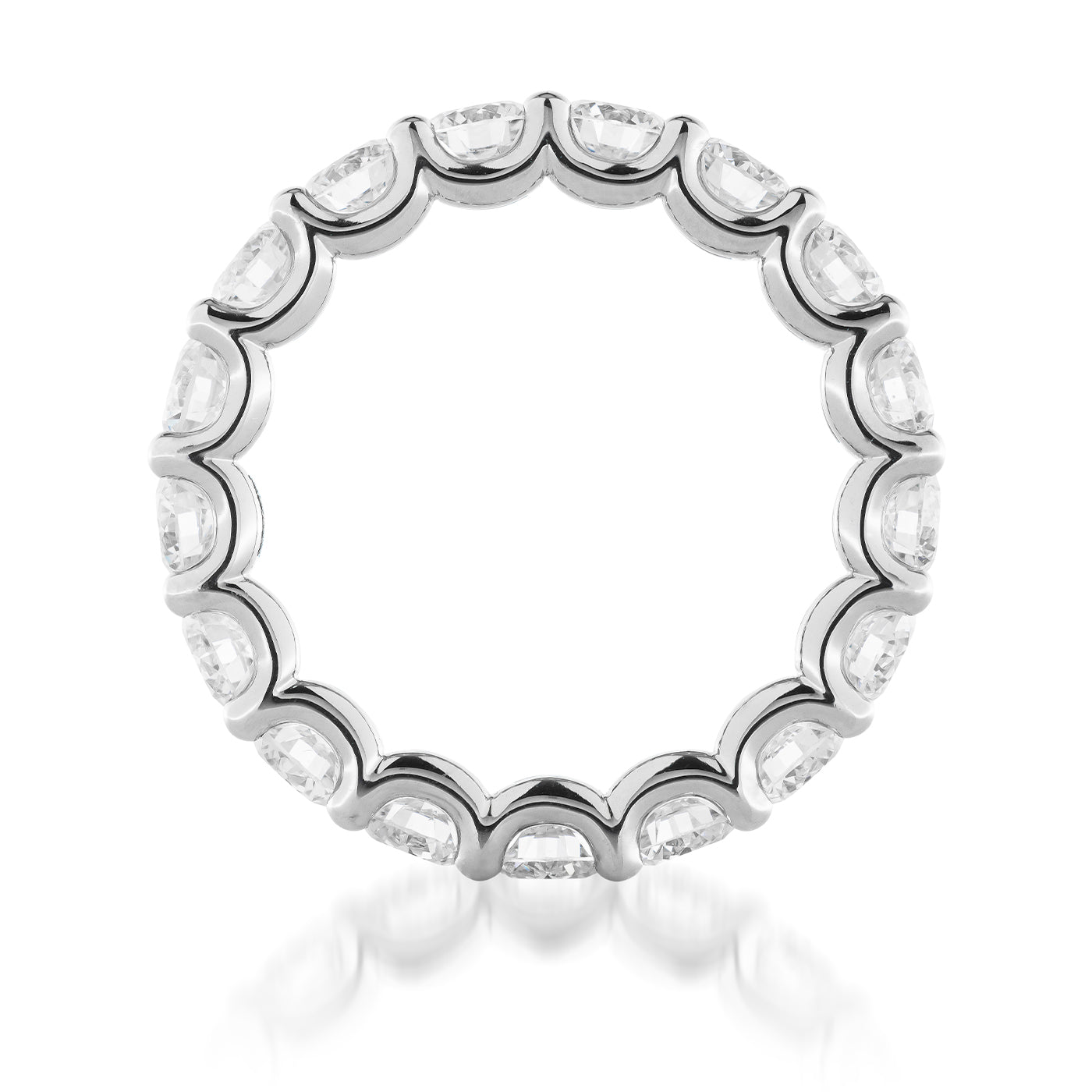 Introducing the Raffi&Co® 14K White Gold Round Brilliant Lab Diamond Eternity Ring, where multiple round brilliant lab diamonds grace the band with captivating elegance. This exquisite ring is showcased against a white background, reflecting its timeless sophistication. Ideal as an anniversary gift or to commemorate any special occasion with refined style and grace.