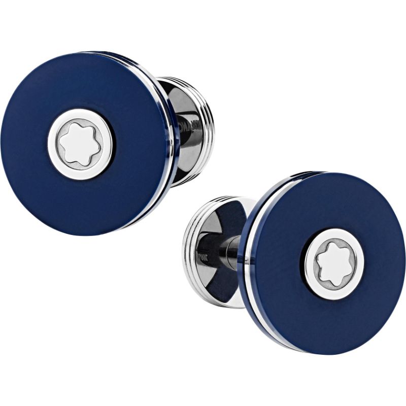Presenting the Montblanc Stainless Steel and Blue Resin Cufflinks: This stylish pair features round blue resin with silver-toned accents, each adorned with a central white star emblem. Crafted from high-quality stainless steel, these cufflinks add a touch of elegance to any outfit.
