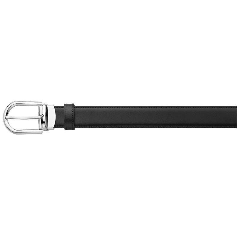 Montblanc presents their Reversible Leather Belt, showcasing a black leather strap complemented by a palladium-coated buckle, displayed horizontally against a white background.