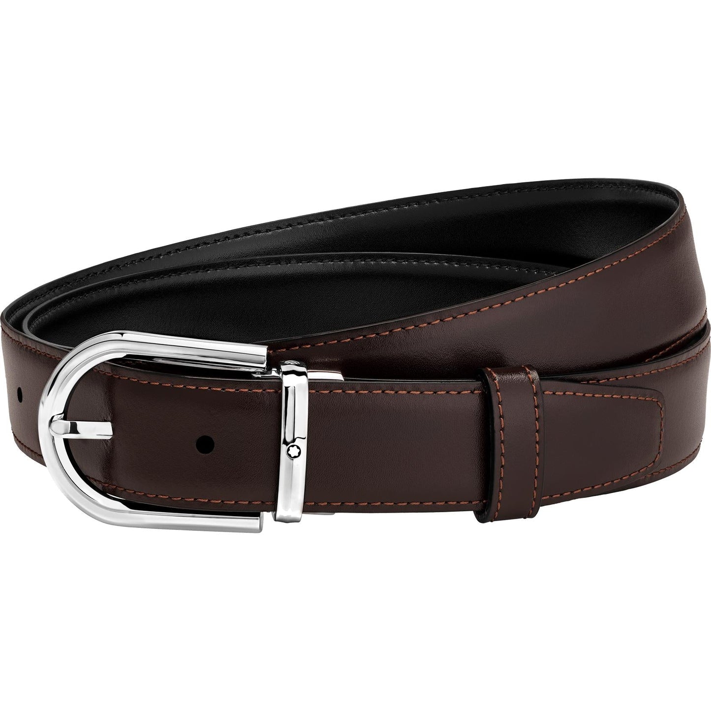 The Montblanc Reversible Leather Belt, made by Montblanc, is a dark brown leather accessory featuring a palladium-coated, shiny silver buckle and neatly coiled design. It has black edging and visible stitching in a lighter brown shade, making it an ideal classic business belt.