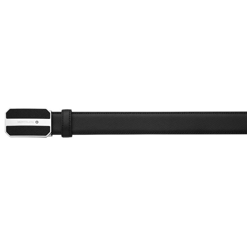 The Montblanc Business Leather Belt, crafted from sleek black Saffiano leather, showcases a minimalist design with a rectangular silver buckle, subtly adorned with a small Montblanc logo. It is displayed against a plain white background.