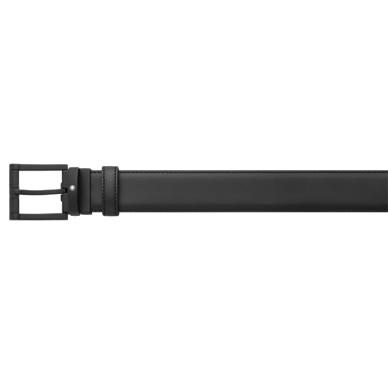The Montblanc Casual Leather Belt, featuring a matte black pin buckle, is elegantly displayed horizontally against a white background, showcasing its sleek and self-adjustable design.