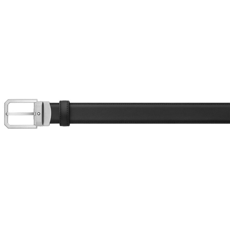 The Montblanc Business Leather Belt is a sleek and sophisticated accessory, featuring a self-adjustable design and a shiny stainless steel buckle, displayed flat against a white background.