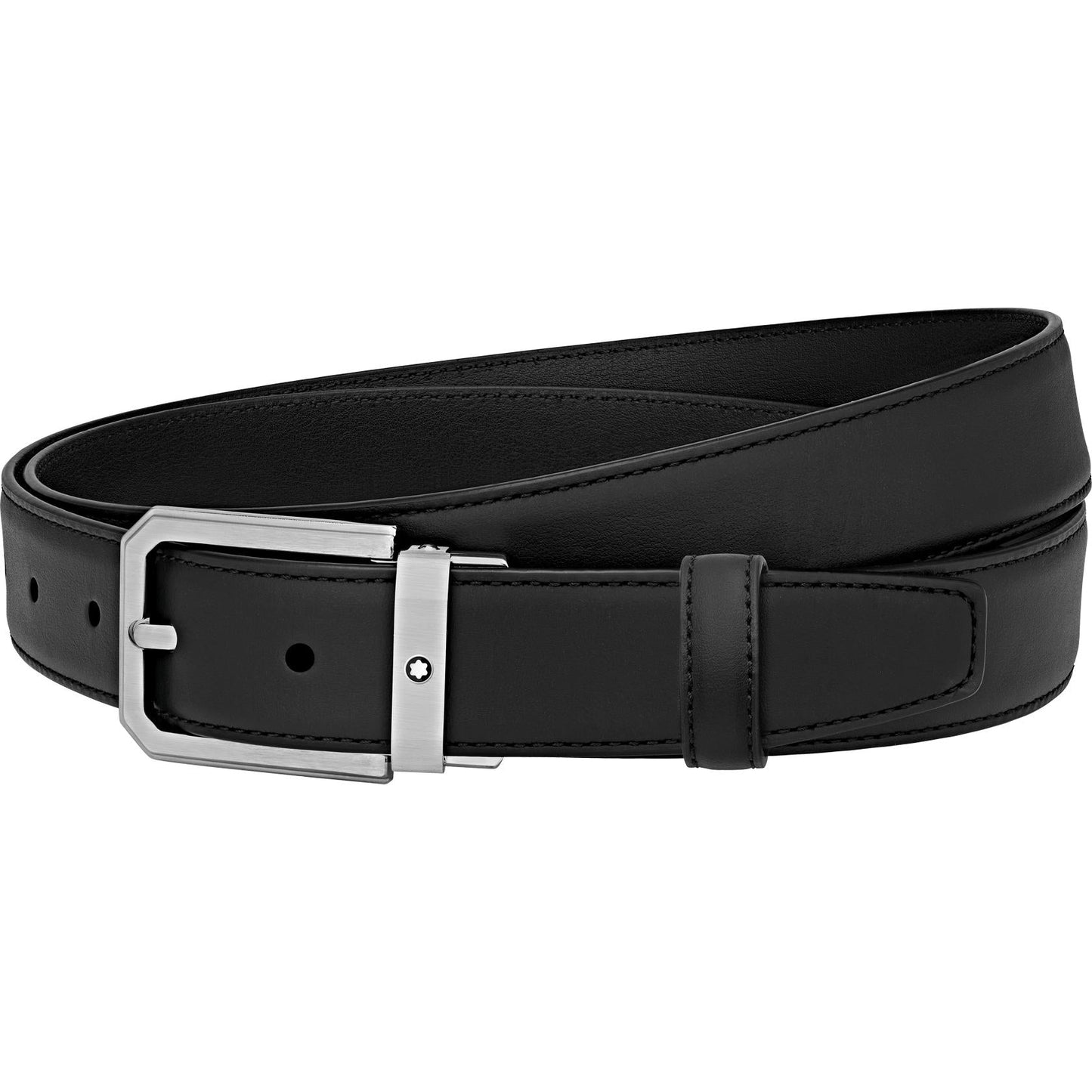 The Montblanc Business Leather Belt by Montblanc is a sleek black leather belt featuring a self-adjustable design with a silver rectangular buckle. It includes multiple adjustment holes and has a smooth finish, making it a classic and versatile fashion accessory.
