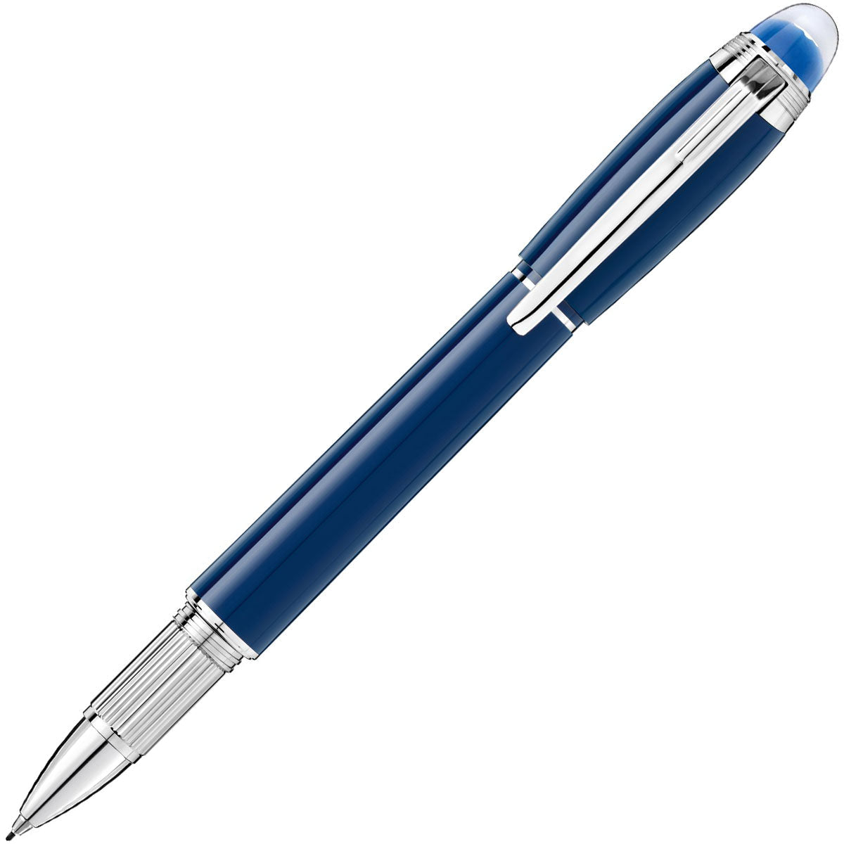 A sleek Montblanc StarWalker Blue Planet Precious Resin Fineliner Pen in blue and silver, featuring a shiny metal clip and tip, set against a plain white background.