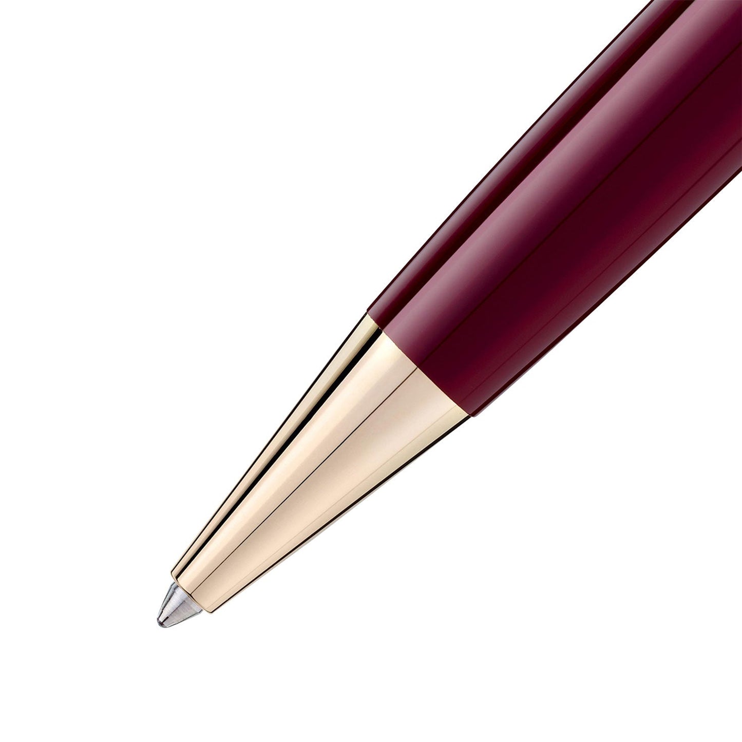 Close-up view of a Montblanc Meisterstück Le Petit Prince Classique Ballpoint Pen tip with a gold and burgundy barrel. The pen is angled diagonally across a white background, showcasing its elegant design from Montblanc.