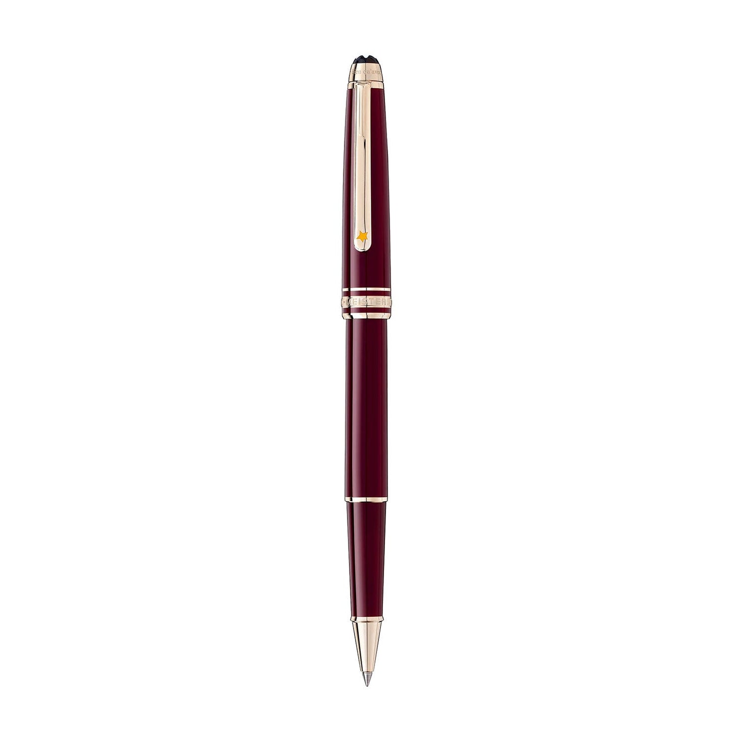 A stylish Montblanc Meisterstuck Le Petit Prince Classique Rollerball Pen, featuring a rich burgundy resin body accented with silver detailing and a cap clip. Its glossy finish embodies a classic, elegant design that echoes Montblanc's iconic style.