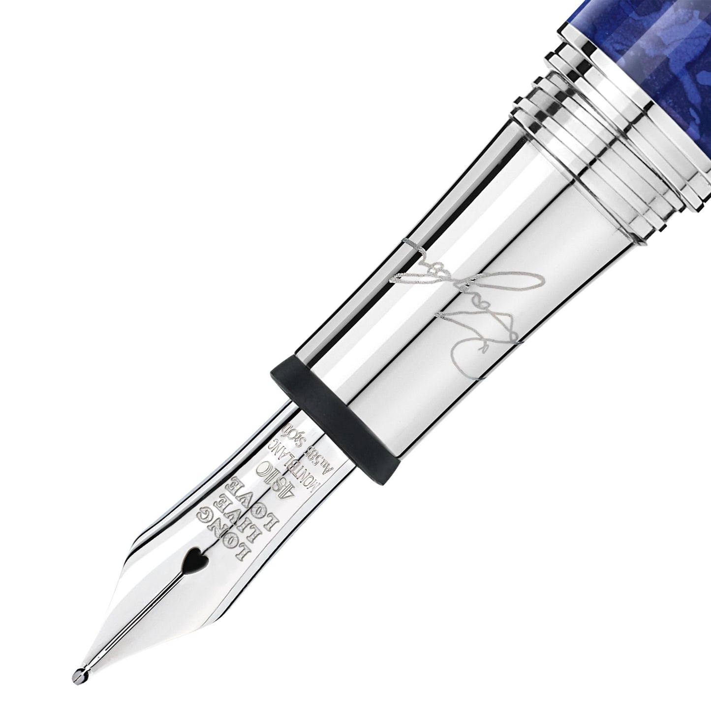A detailed view of the silver fountain pen nib features engraved text and decorative elements, capturing the timeless elegance of Elizabeth Taylor. The Montblanc Muses Elizabeth Taylor Special Edition Fountain Pen boasts a sleek design with its striking blue and silver barrel in classic fountain style.