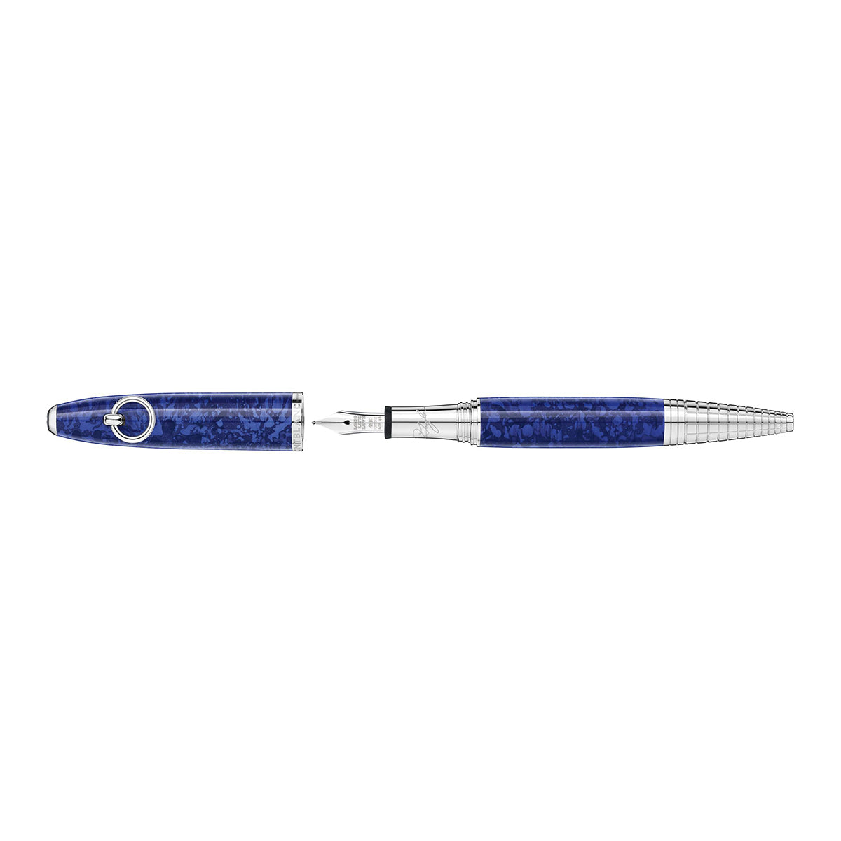 An image of the luxurious Montblanc Muses Elizabeth Taylor Special Edition Fountain Pen, featuring a marbled blue cap with silver accents that reflect Elizabeth Taylor's enduring elegance. The pen is shown uncapped, showcasing its elegant black nib. The cap is positioned on the left, while the pen is aligned horizontally.