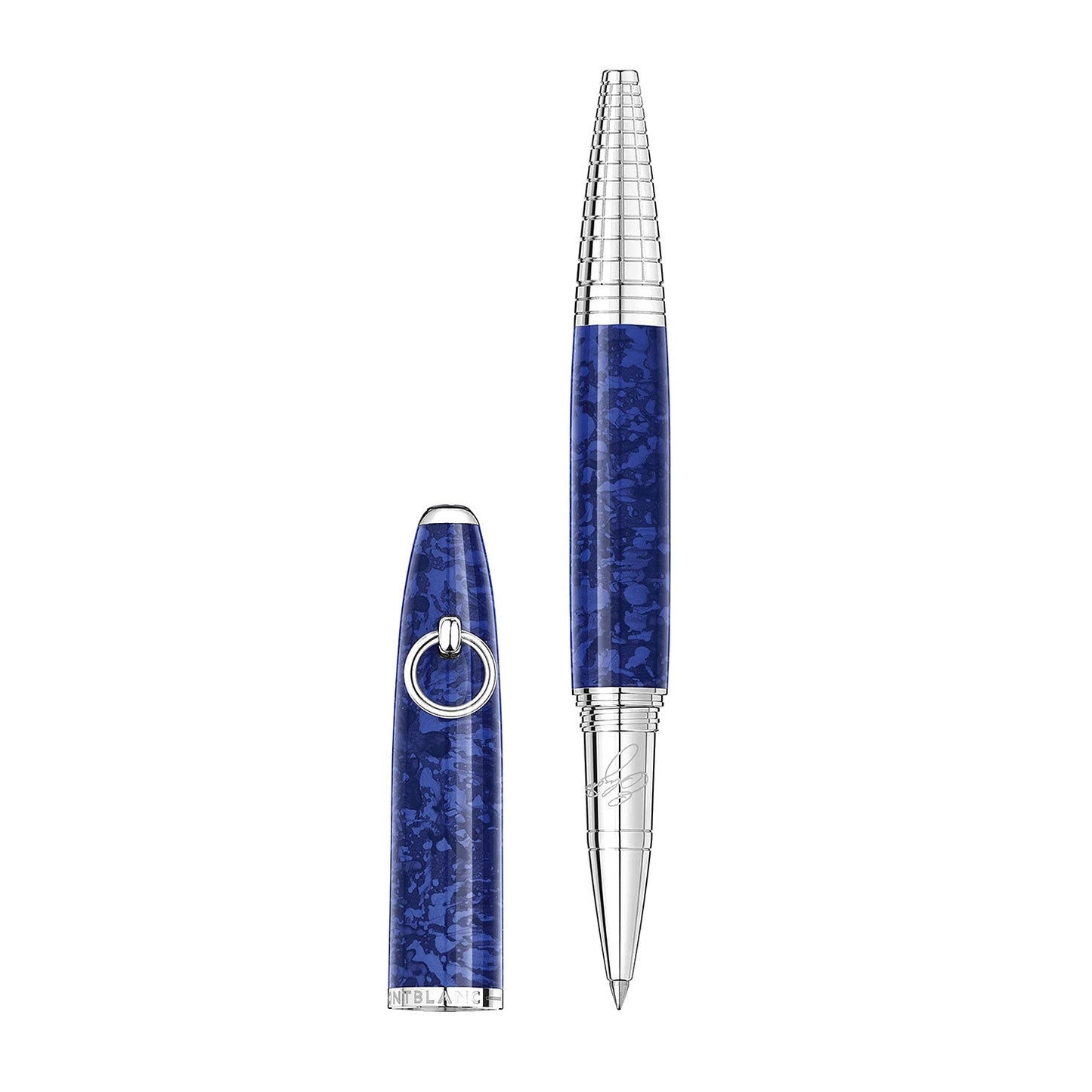 The Montblanc Muses Elizabeth Taylor Special Edition Rollerball Pen features dark violet marbleised lacquer and platinum-coated fittings, shown uncapped, with elegant silver detailing on the cap for a refined look.
