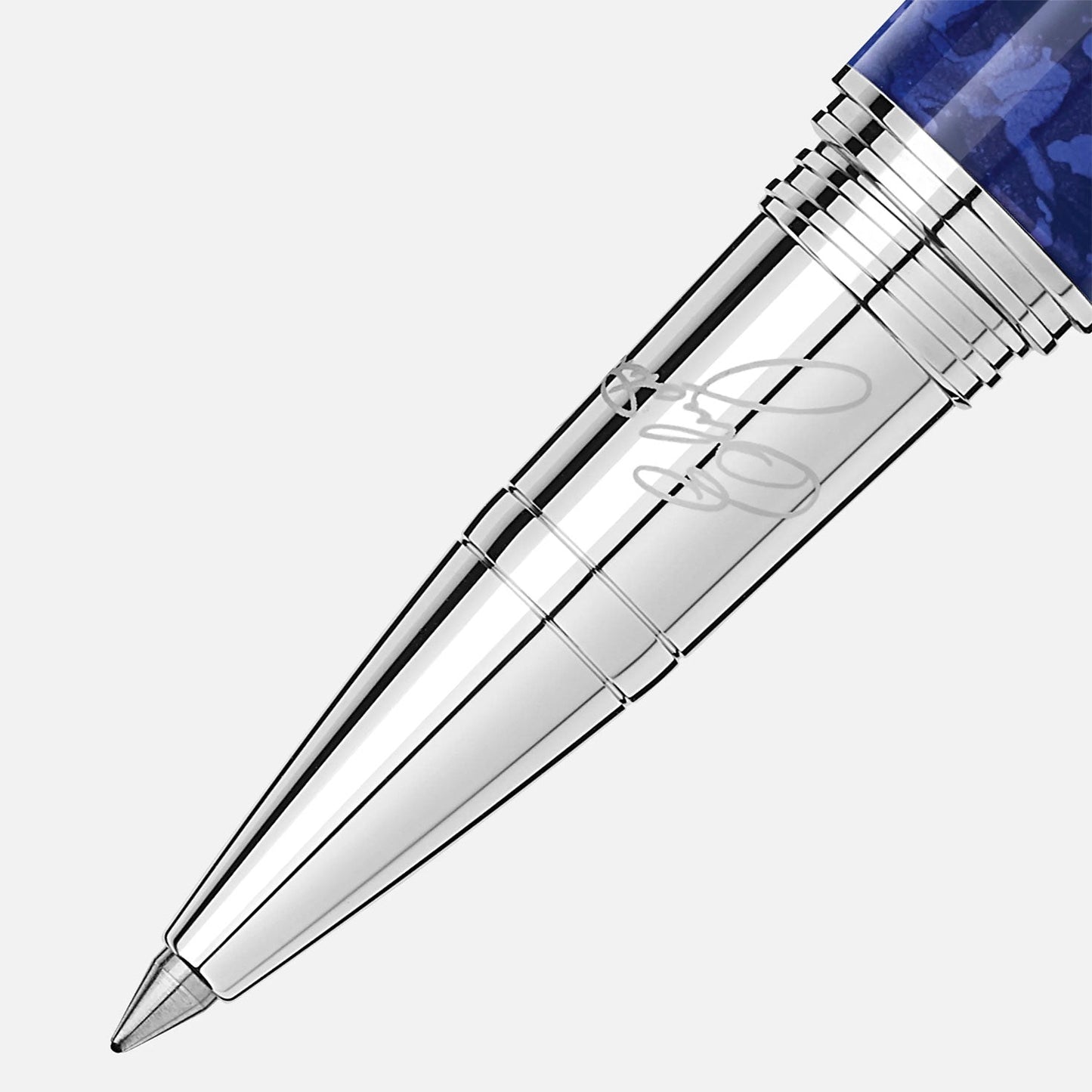 Close-up of the Montblanc Muses Elizabeth Taylor Special Edition Rollerball Pen tip on a white background, showcasing fine metallic details, platinum-coated fittings, and an engraved signature inspired by this Montblanc collection.