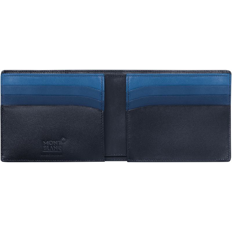 The Montblanc Meisterstuck Leather Wallet 6cc showcases a modern design in dark blue leather, making it an essential item. It features multiple card slots with a contrasting lighter blue lining, and the iconic Montblanc logo is embossed on the lower left side.
