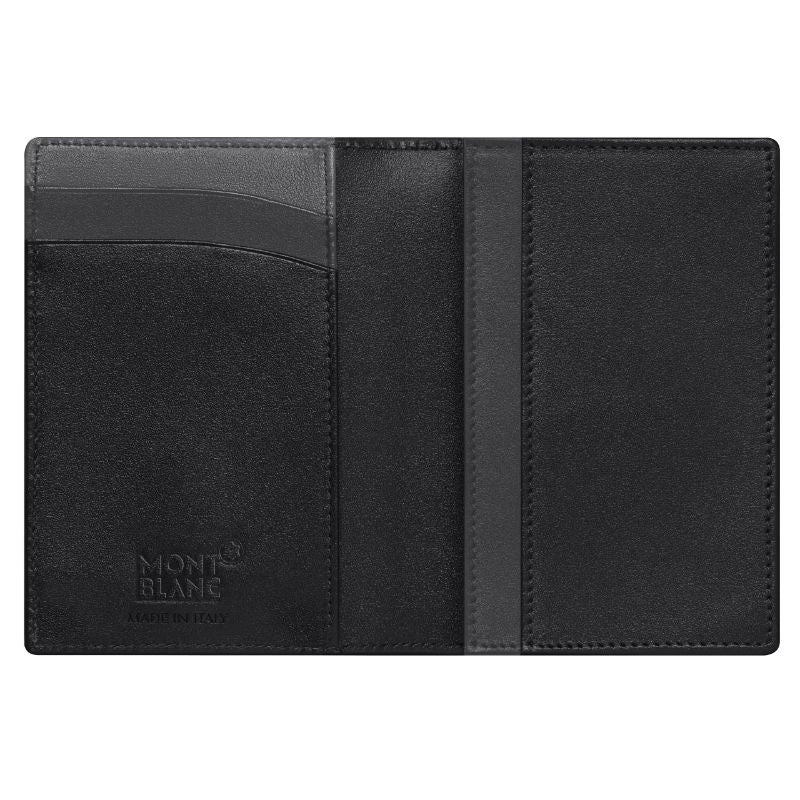 This compact Montblanc Meisterstuck Leather Business Card Holder, showcasing Italian craftsmanship and a sleek black leather design, boasts convenient slots for your credit cards.
