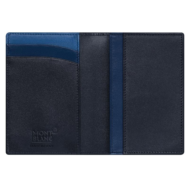 Introducing the Montblanc Meisterstück Leather Business Card Holder, a compact blue leather accessory designed with multiple credit card slots on the left and an open section on the right. The bottom left corner features the embossed Montblanc logo, adding a touch of elegance to its design.