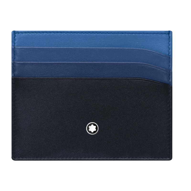 This sleek Montblanc Meisterstuck Pocket 6cc Leather Card Holder is a lightweight accessory designed in black and blue. It features multiple slots for credit cards and prominently displays a small circular emblem with a star at its center on the front.