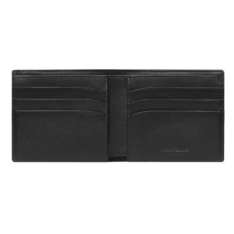 The Montblanc Meisterstuck Soft Grain Leather Wallet 6cc in black leather is open, showcasing multiple card slots on each side, ideal for arranging your credit cards. The Montblanc brand name is subtly embossed in the corner. Its smooth texture enhances the minimalist and sleek design.