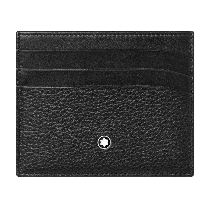 The Montblanc Meisterstück Soft Grain Leather Pocket 6cc Leather Card Holder is a stylish pocket accessory in black leather featuring a textured design and four card slots. A small white Montblanc emblem is centered at the bottom, making it an ideal companion for carrying your payment essentials with elegance.