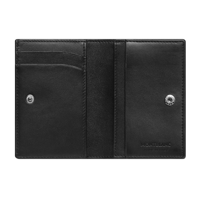 The Montblanc Meisterstuck Soft Grain Leather Business Card Holder with Bill Compartment, made from soft grained leather in black, opens to show card slots on one side and a plain section with a bill compartment on the other. A small button clasp is visible, and the Montblanc brand name is embossed in the lower corner.