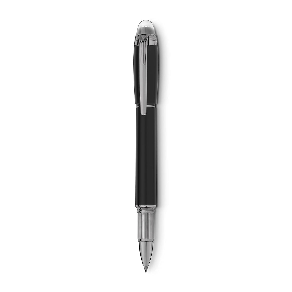 A sophisticated Montblanc StarWalker UltraBlack Precious Resin Fineliner, featuring silver accents and a polished clip, displayed upright against a simple white backdrop.