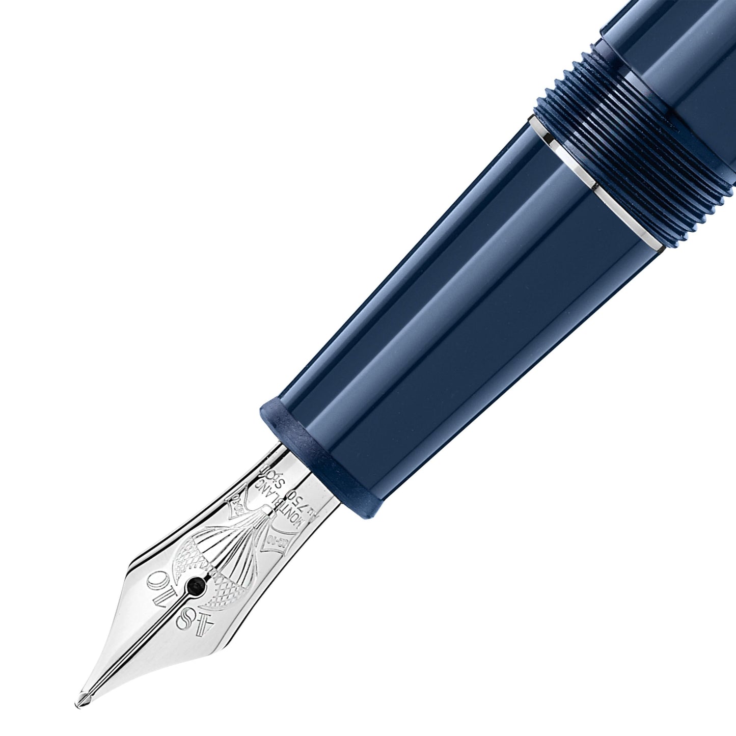 A close-up of the nib on the Montblanc Meisterstuck Around the World in 80 Days Classique Fountain Pen showcases intricate detailing. The pen features a dark blue hue with a shiny metallic finish, combining silver and blue tones. Its sleek and elegant design is enhanced by the fine craftsmanship characteristic of Montblanc's luxury writing instruments.