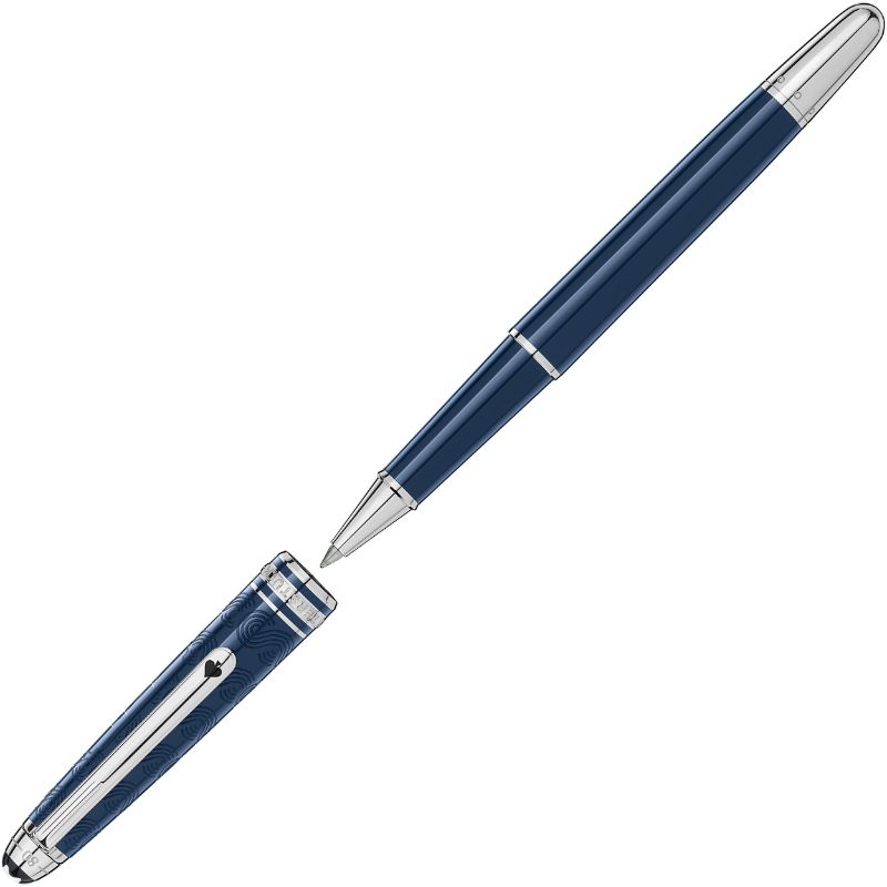 A sleek blue precious resin Montblanc Meisterstuck Around the World in 80 Days Classique Rollerball Pen with silver accents is displayed with its cap removed. The pen features a shiny finish and intricate detailing on the cap, capturing the elegance of the Meisterstuck Around the World in 80 Days collection.