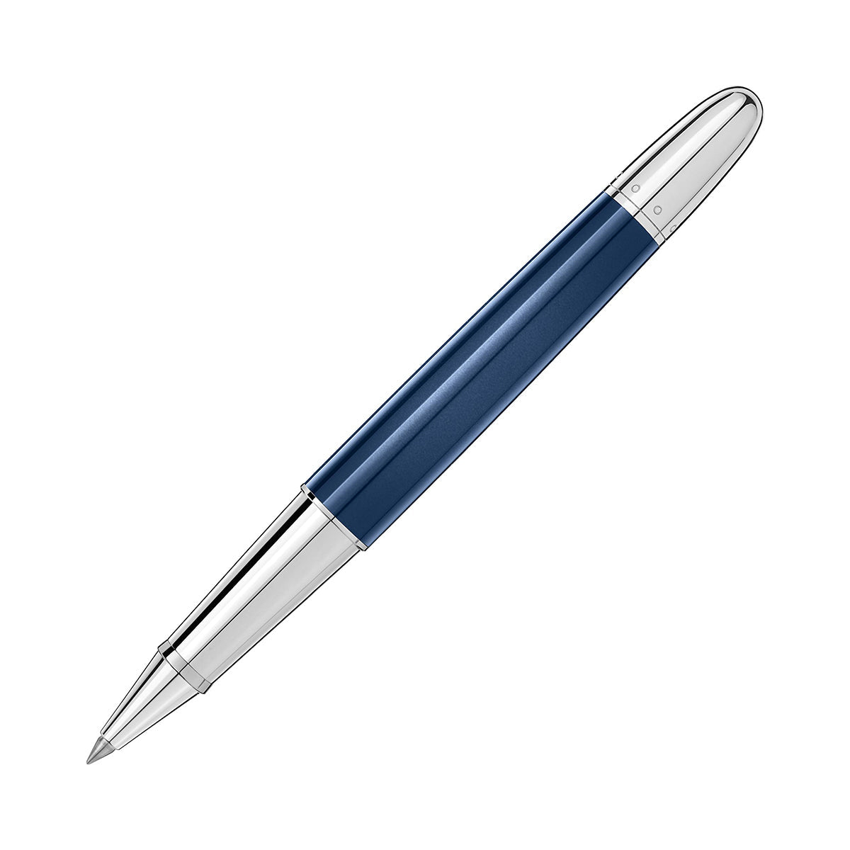 The Montblanc Meisterstuck Around the World in 80 Days Dou Classique rollerball pen is displayed against a white background. It features a glossy metallic finish, with a striking blue resin barrel at its core, accentuated by sophisticated silver ends.