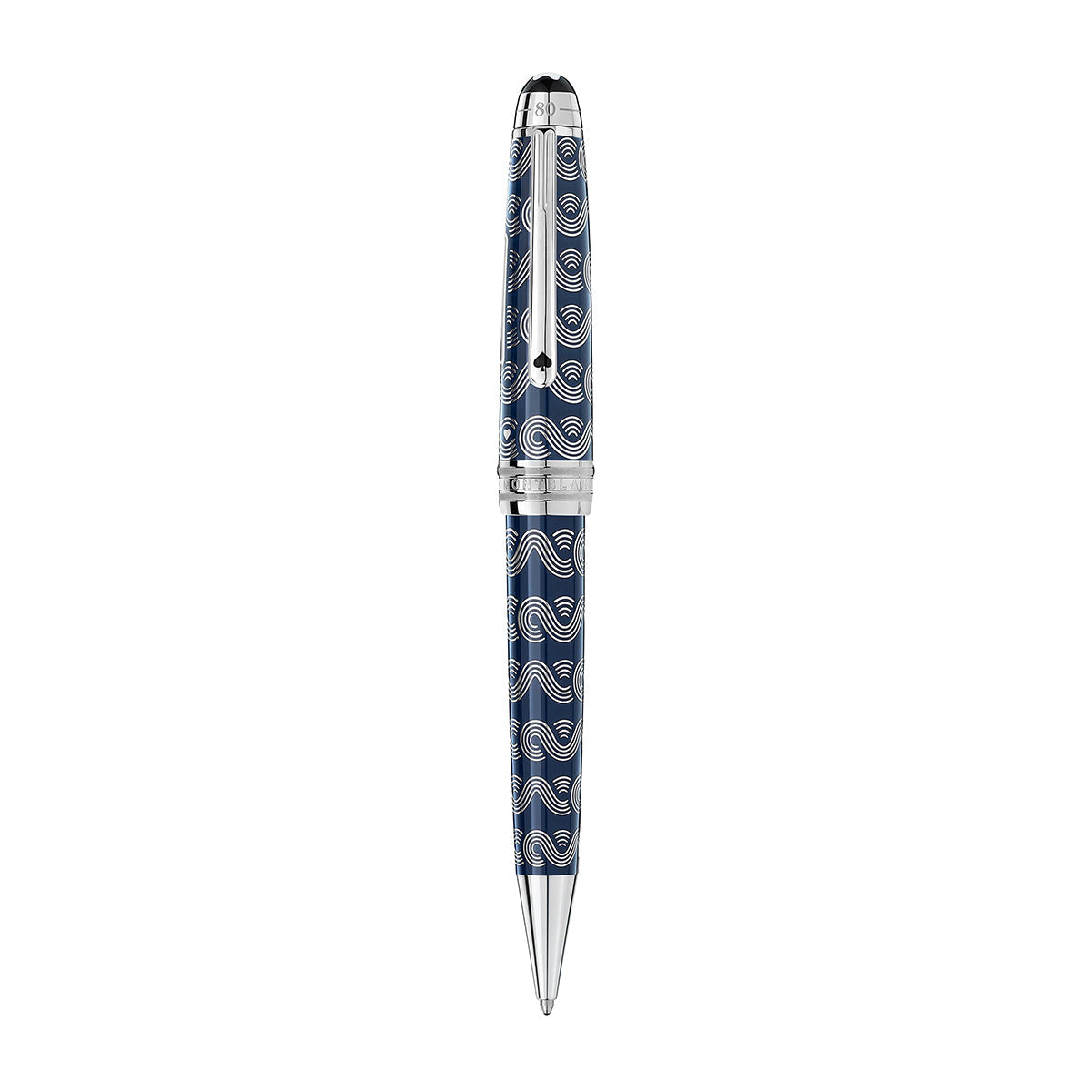 The Montblanc Meisterstück Around the World in 80 Days Solitaire Midsize Ballpoint Pen features a sleek design with a silver clip and intricate blue pattern. Its elegant appearance is further enhanced by silver accents and a blue translucent lacquer, embodying the sophistication of its renowned collection.