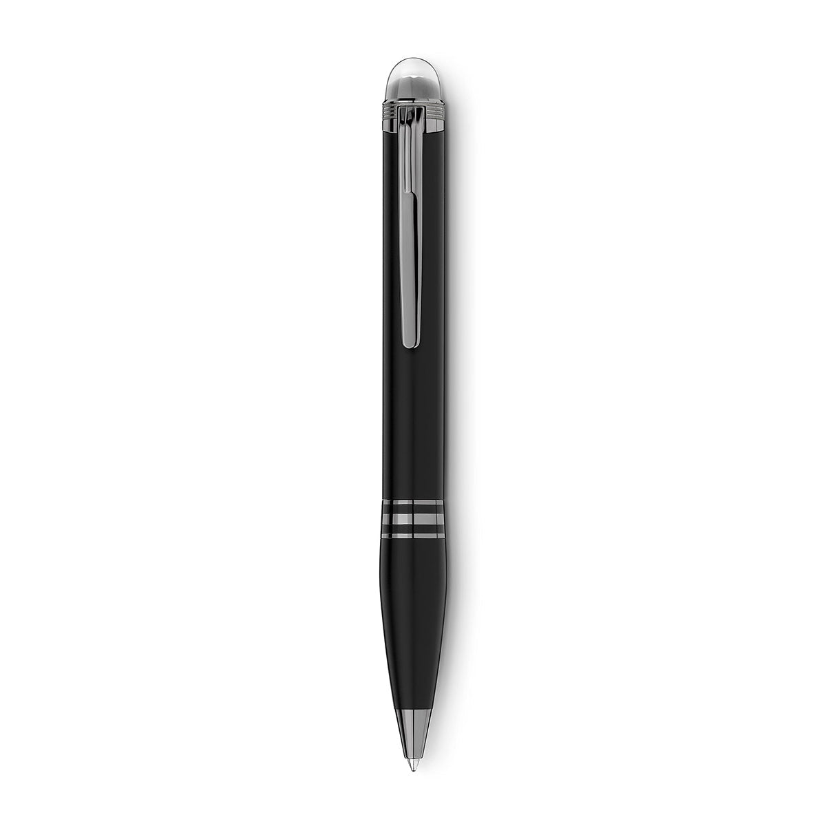 The Montblanc StarWalker UltraBlack Precious Resin Ballpoint Pen is elegantly displayed against a plain white background, featuring a sleek design with silver accents and clip. Its glossy finish and streamlined form radiate sophistication.