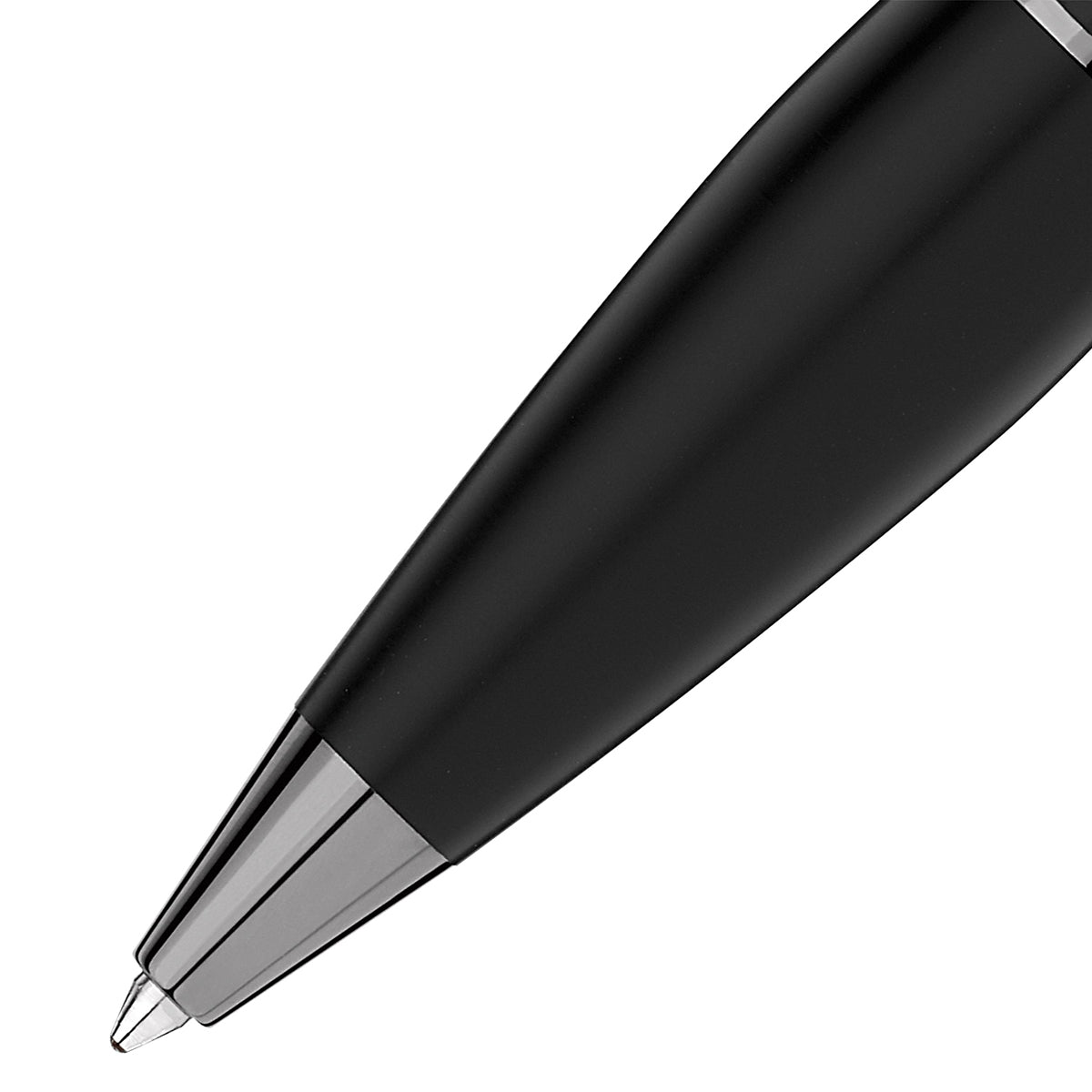 Diagonal close-up of the elegant Montblanc StarWalker UltraBlack Precious Resin Ballpoint Pen featuring a silver tip, set against a white background.