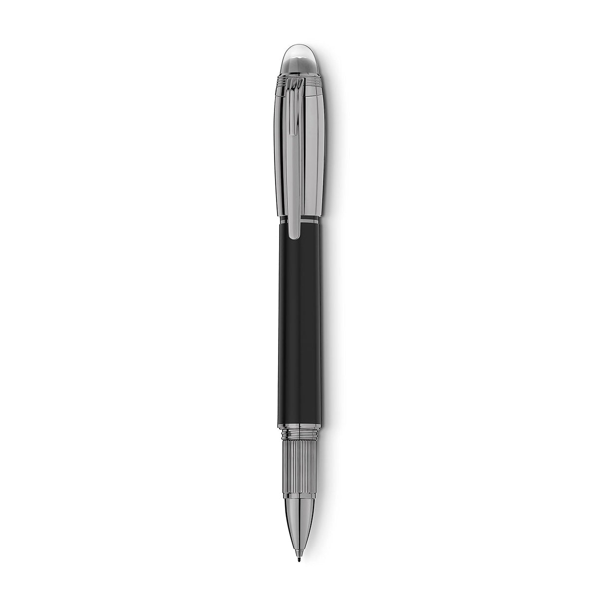 A sophisticated Montblanc StarWalker UltraBlack Fineliner Pen, featuring a glossy black and silver finish with a durable clip. This pen is showcased against a plain white background, emphasizing its elegant and professional design that embodies the essence of the Starwalker series.