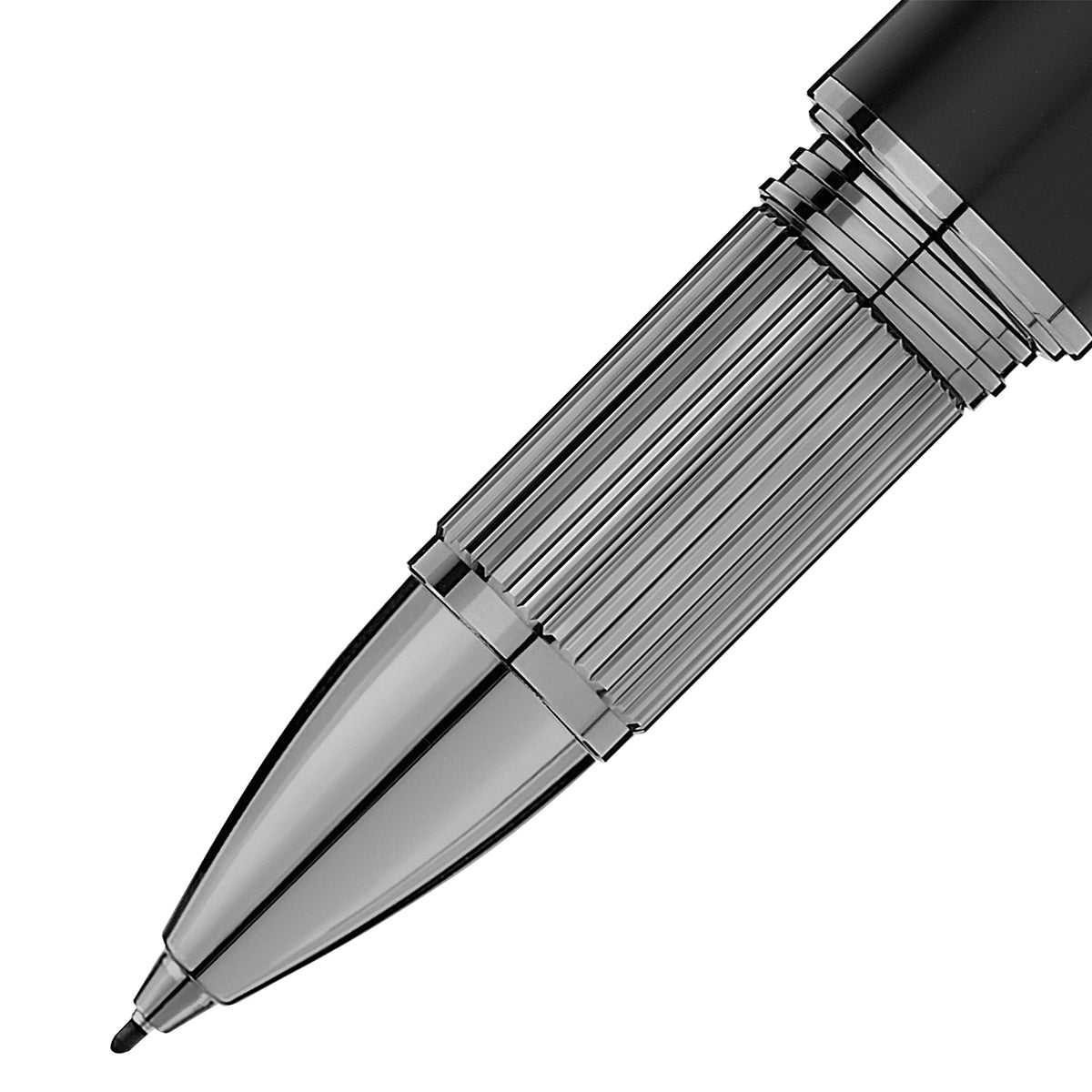 A close-up of the Montblanc StarWalker UltraBlack Fineliner Pen showcases its sleek nib and intricate ribbed detailing on the grip. The pen is elegantly angled diagonally against a white background, highlighting its modern and sophisticated design.