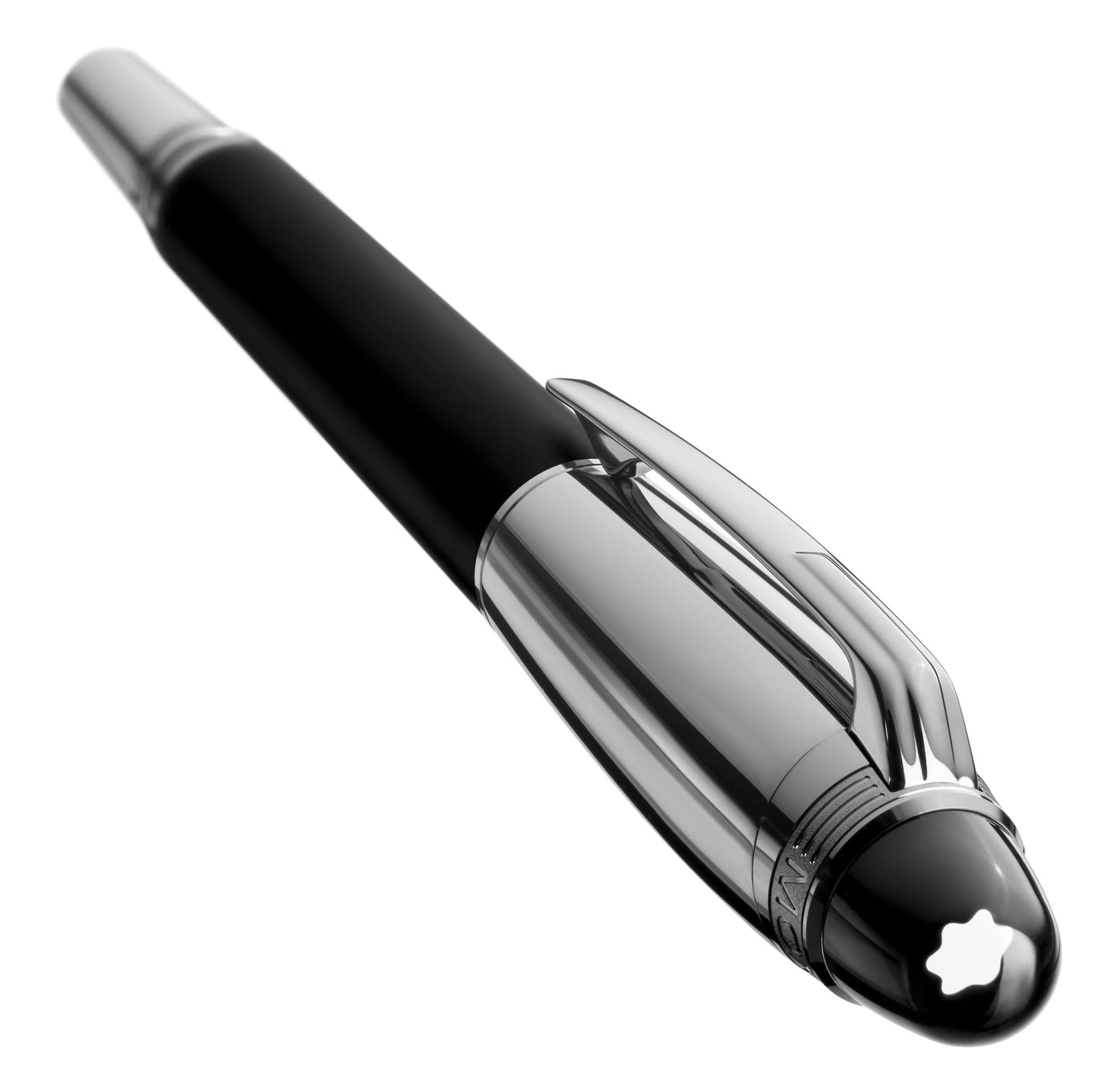 Close-up of a sophisticated Montblanc StarWalker UltraBlack Fineliner Pen, showcasing its sleek black design with silver accents and a shiny clip. The pen is adorned with the iconic white star emblem on the cap, set against a clean white background, emphasizing its elegant design.