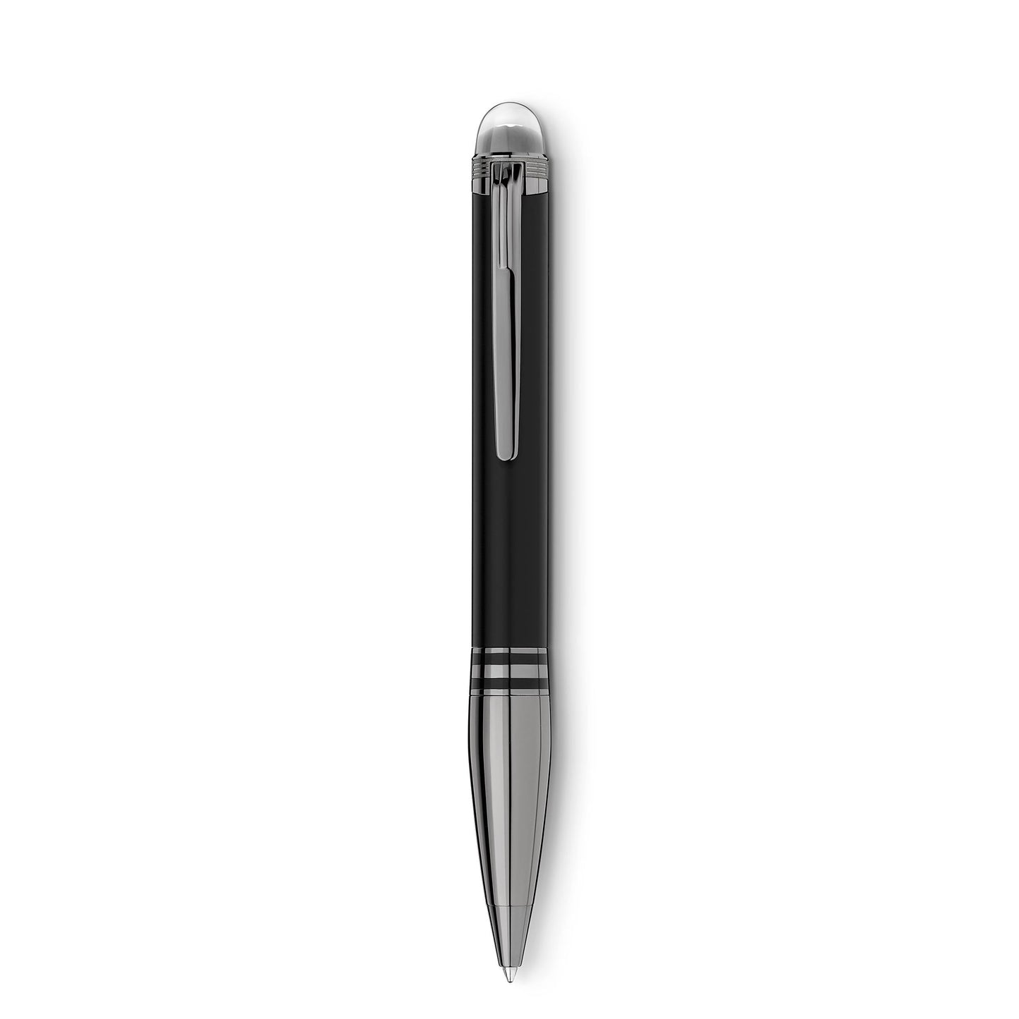 The Montblanc StarWalker UltraBlack Dou Ballpoint Pen, featuring a sleek black resin design with platinum-plated accents and a silver-accented clip, is photographed against a plain white background.