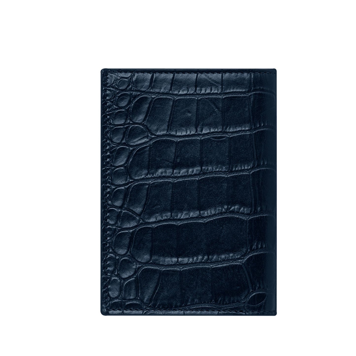 The Montblanc Meisterstuck Leather Business Card Holder, crafted with a dark, textured leather that features a crocodile skin pattern, sits elegantly against a white background. This exquisite piece embodies the sophistication for which Montblanc is renowned, and is perfect for the discerning professional.