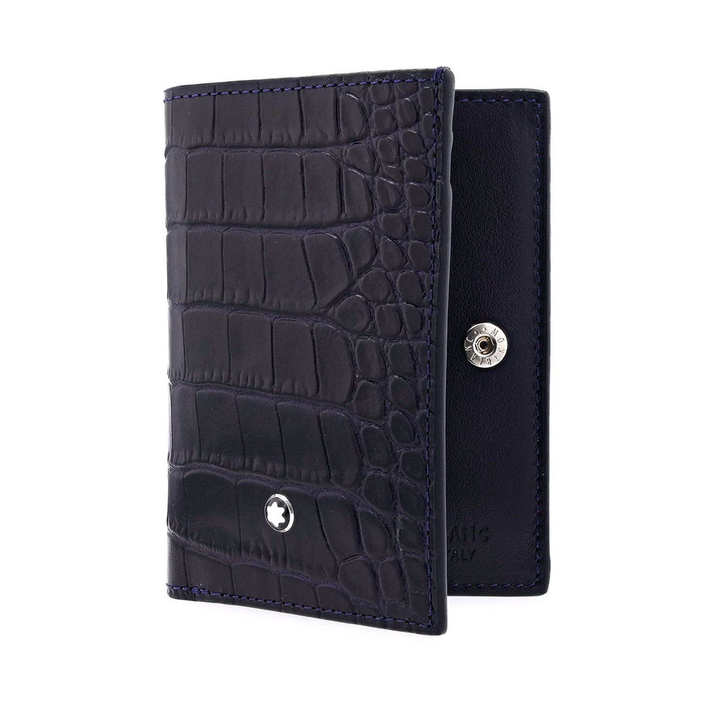 The Montblanc Meisterstuck Leather Business Card Holder is a stylish and functional accessory, featuring an elegant black leather design with a crocodile texture and a sophisticated Montblanc emblem on the front. It partially opens to reveal a snap closure, cleverly doubling as both a wallet and business card holder for any occasion.