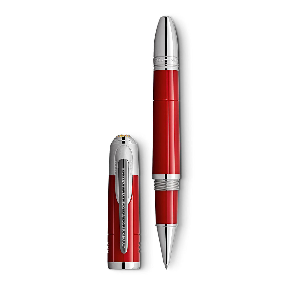 The Montblanc Great Characters Enzo Ferrari Special Edition Rollerball Pen features a design akin to Scuderia Ferrari's aesthetic, showcasing a glossy red body adorned with shiny silver accents and accompanied by a detachable cap. It emanates sophisticated elegance and impeccable craftsmanship.
