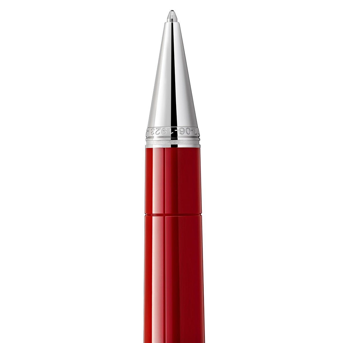 The Montblanc Great Characters Enzo Ferrari Special Edition Ballpoint Pen captures the elegance of Scuderia Ferrari with its sleek red body and shiny silver cap and tip. The minimalist design accentuates the vibrant red against polished silver, evoking the precision of a finely tuned engine. When positioned vertically against a white background, it commands attention effortlessly.