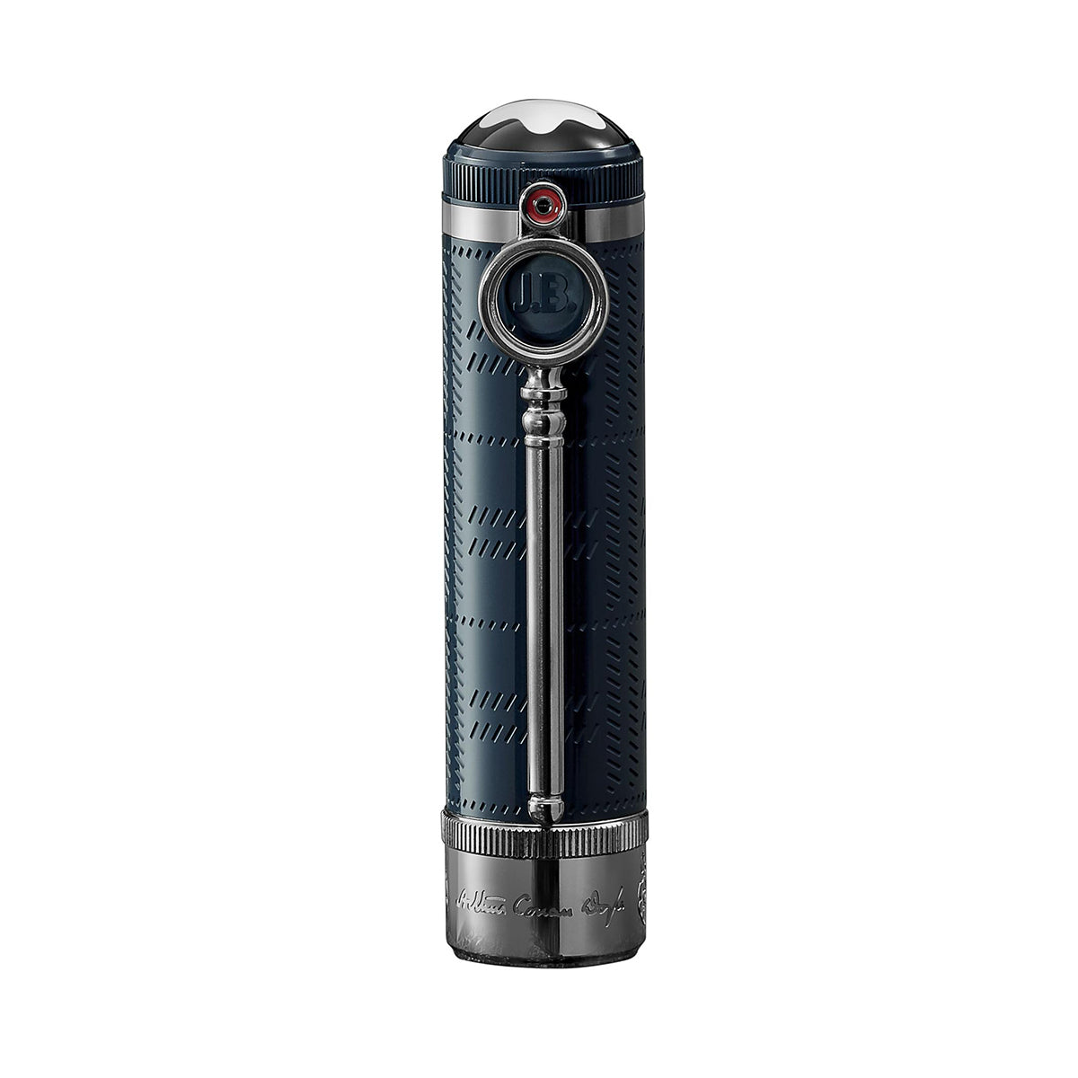 Introducing the Montblanc Writers Edition Sir Arthur Conan Doyle Limited Edition Fountain Pen: a luxurious, cylindrical piece showcasing a patterned dark blue body, a silver grip with engraved details, and an intricate clip. This exclusive edition features a cap crowned with a silver crown and accented by a striking red gem.