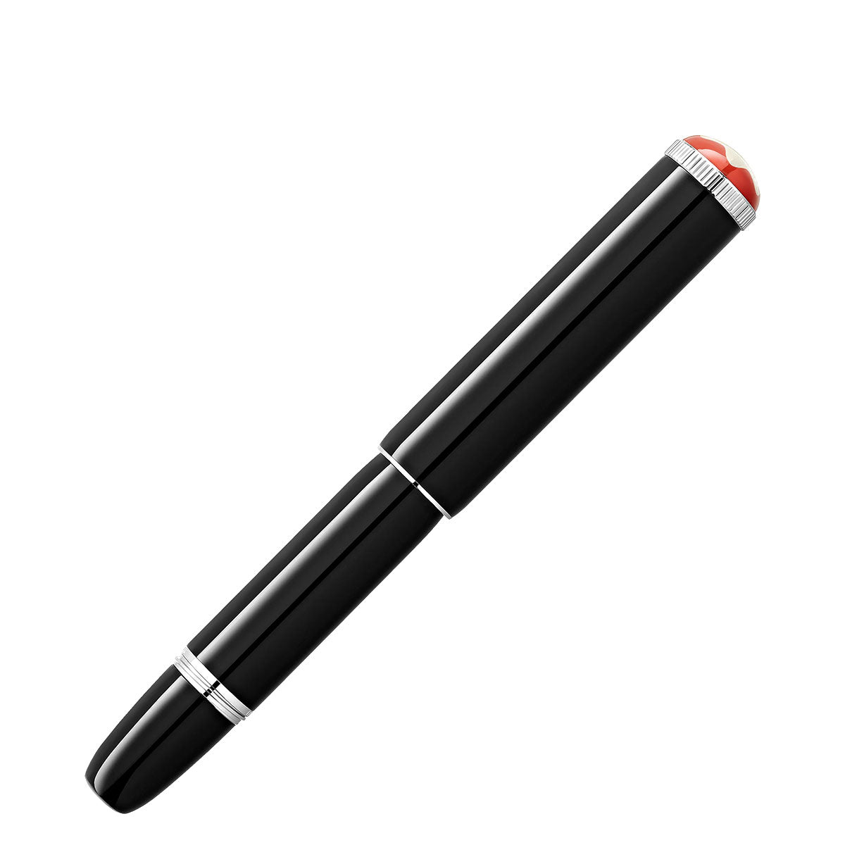 The Montblanc Heritage Rouge et Noir Baby Special Edition Black Rollerball Pen, adorned with silver accents and a red emblem on the cap, is shown positioned diagonally against a plain white background.
