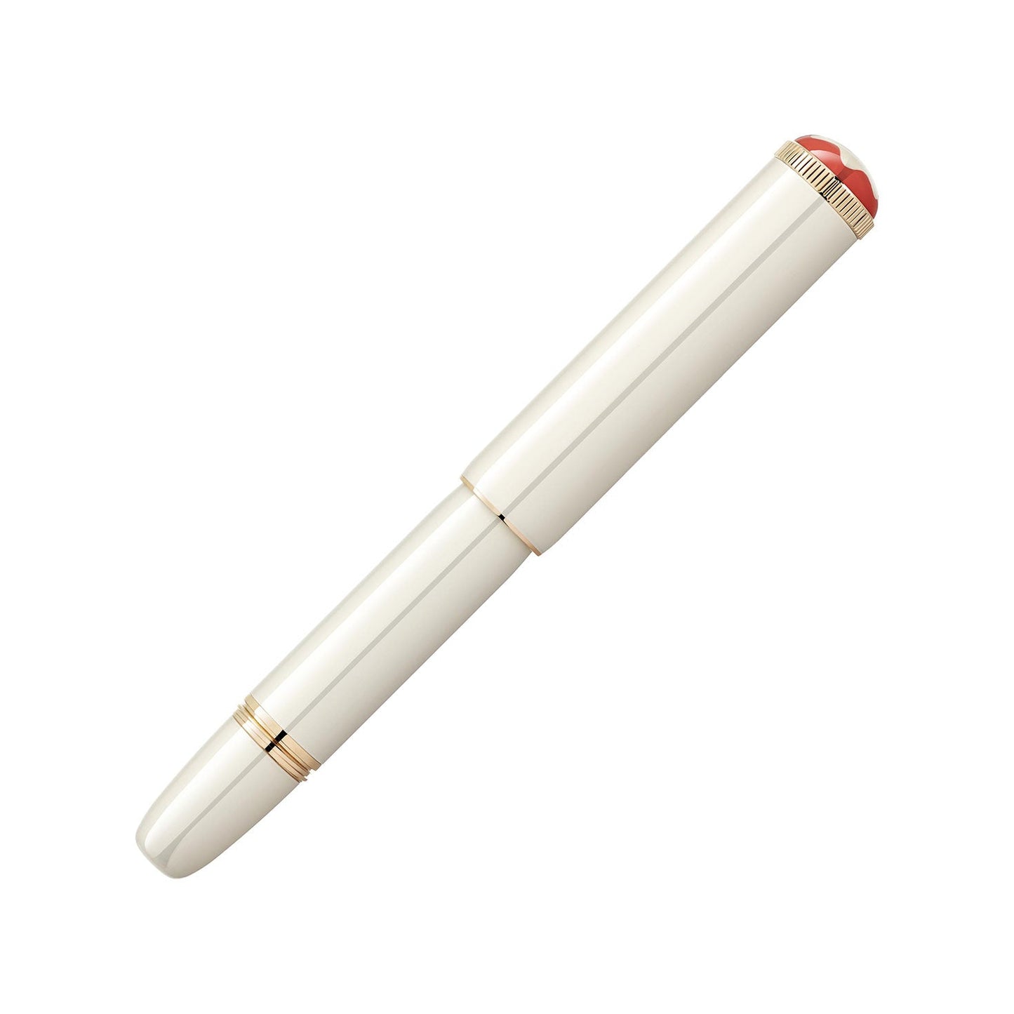 A sophisticated Montblanc Heritage Rouge et Noir Baby Special Edition Ivory Coloured Rollerball Pen, featuring gold accents on the cap and tip with a smooth, cylindrical design. The top of the cap is adorned with a red circle detail, bringing a pop of color to this elegant writing instrument.