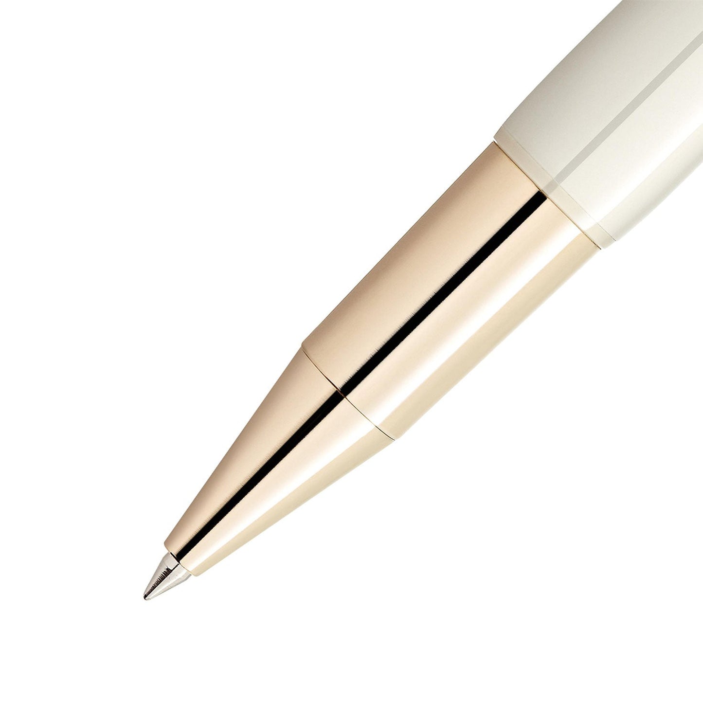 Close-up of a sleek, Montblanc Heritage Rouge et Noir Baby Special Edition rollerball pen with an ivory-colored body against a plain white background. The pen features a modern, elegant design, perfect for professional use.