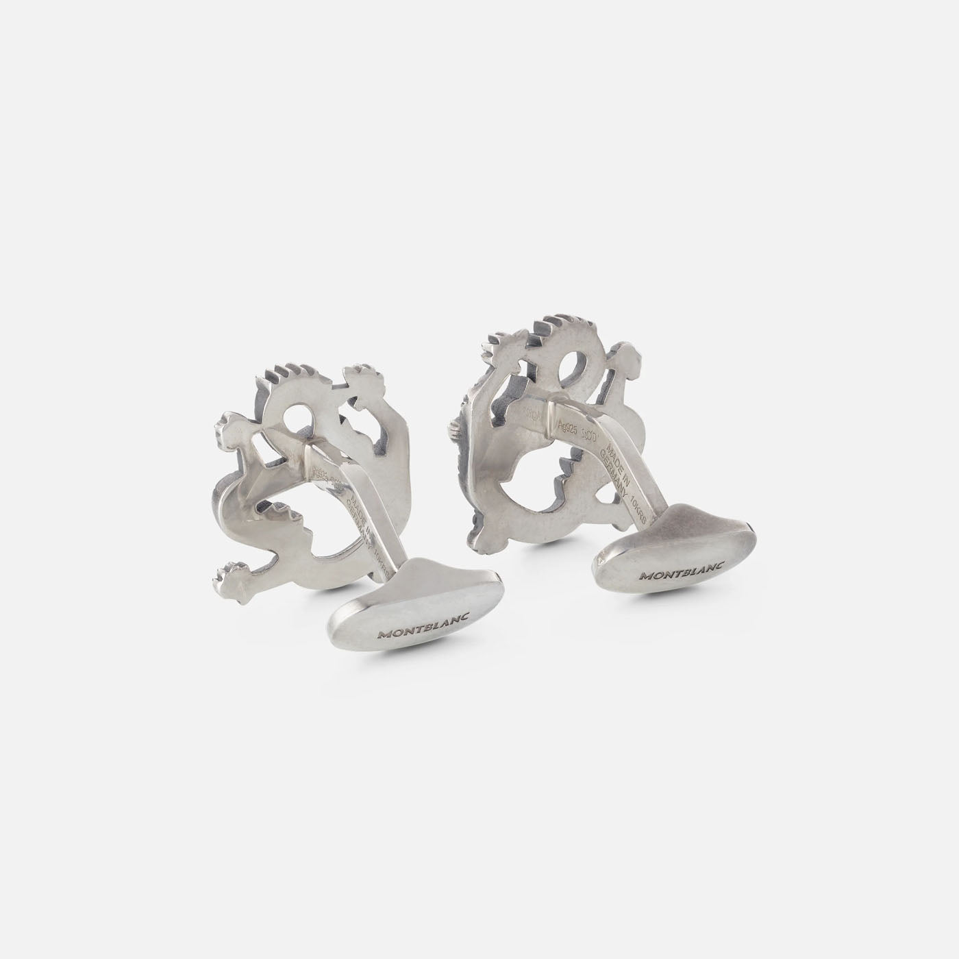 Presenting Montblanc's The Legend of Zodiacs Cufflinks THE DRAGON, these Sterling silver cufflinks showcase intricate abstract designs with silhouettes inspired by the Chinese zodiac, beautifully set against a light gray background.