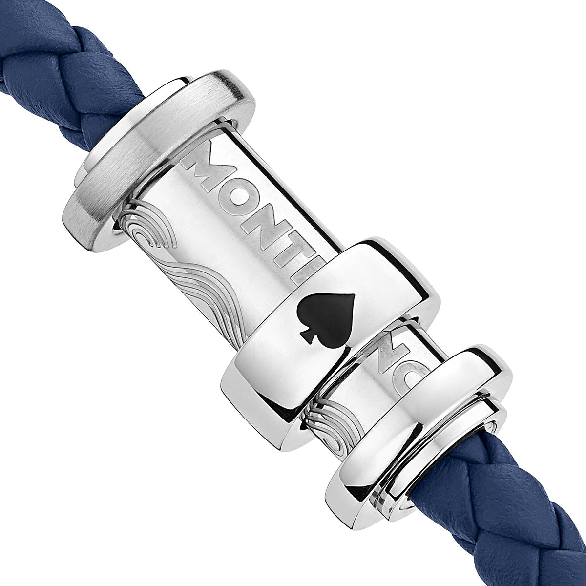 Embrace the sophistication of the Montblanc Around the World in 80 Days Ace of Spade Bracelet—a blue leather piece featuring a braided strap and metallic clasp. The clasp is embellished with intricate engravings and a black spade symbol, showcasing "Montblanc" for an added layer of elegance.