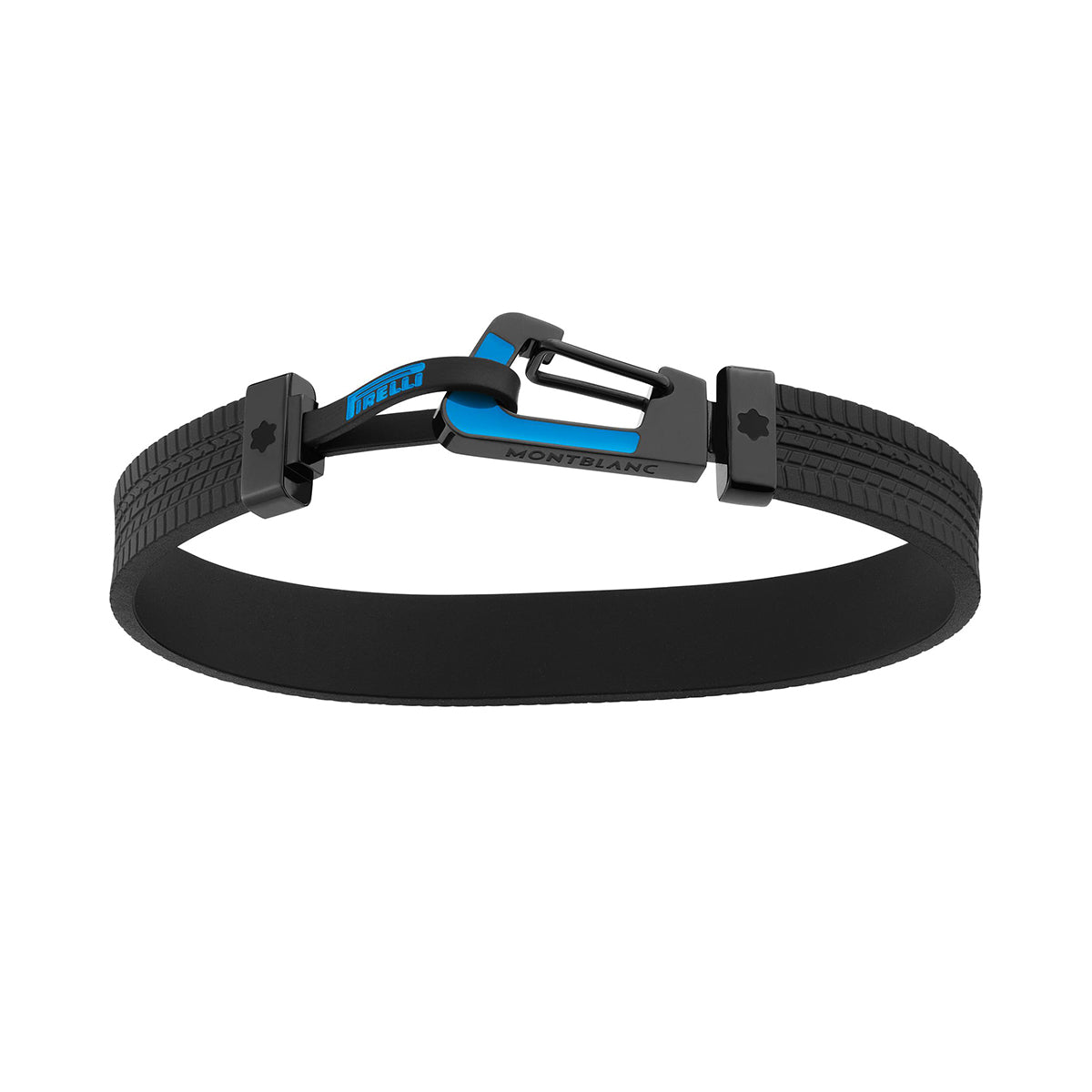 A stylish bracelet from Montblanc, the Meisterstuck Great Masters Pirelli, features an eye-catching textured design and a distinctive black and blue clasp. Its adjustable form embodies modern elegance and practicality, mirroring Montblanc's refined accessories.