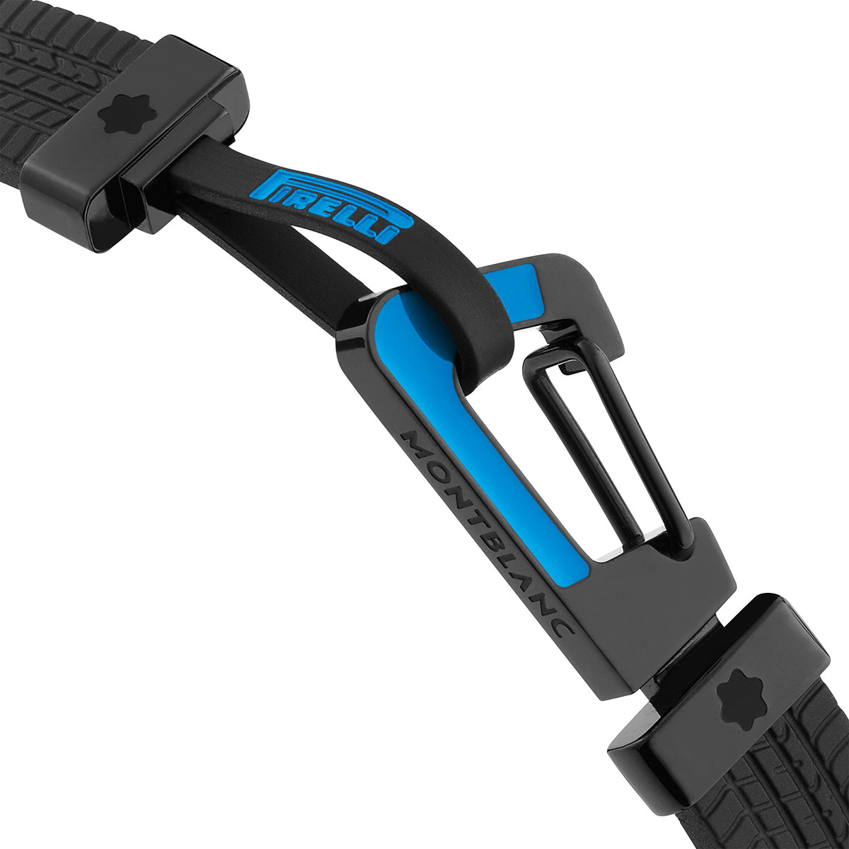 The Montblanc Meisterstück Great Masters Pirelli Bracelet features a close-up view that emphasizes its sophisticated black and blue leather construction and sleek, modern clasp design. The prestigious collaboration between "Montblanc" and "Pirelli" is evident as the clasp connects two textured black bands, each adorned with a star-like logo.