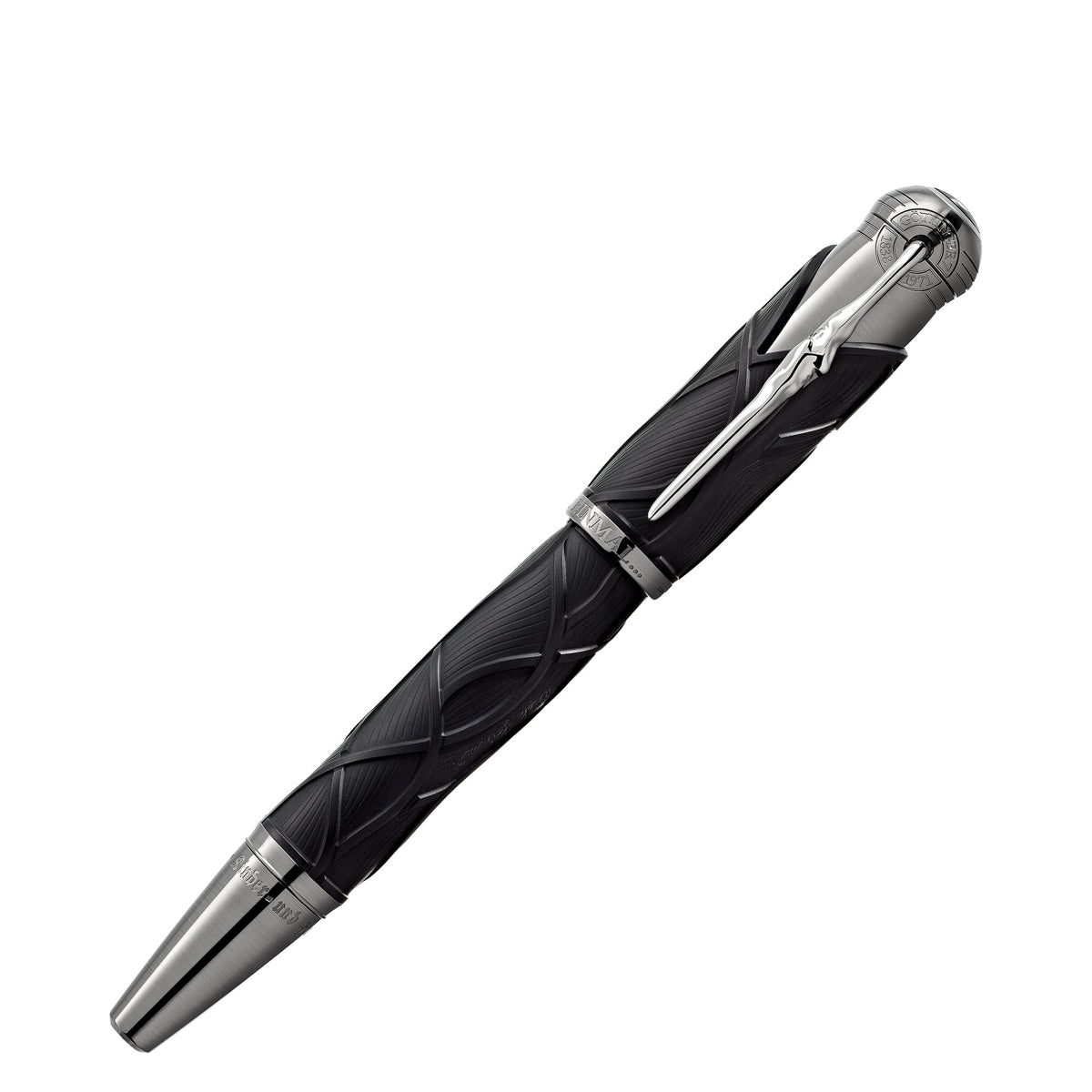Introducing the Montblanc Writers Edition Homage to the Brothers Grimm Limited Edition Rollerball, a luxurious black pen with an elegant, textured barrel and shiny metallic accents. This Montblanc pen showcases intricate designs and details, emphasizing high-quality craftsmanship and a sophisticated appearance ideal for discerning writers.